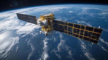 A satellite orbits Earth, equipped with solar panels and instruments. It transmits telemetry and positioning signals crucial for satellite navigation systems and tracking technologies. photo