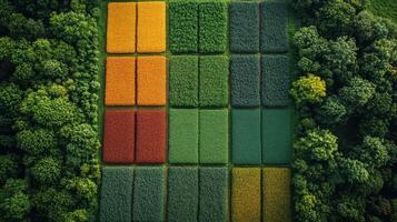 An aerial view reveals distinct sections of crops arranged in vivid colors, surrounded by lush trees in a rural farming region, illustrating the diversity of agricultural practices. photo