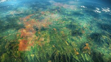 Comprehensive monitoring of a diverse terrain showcases the contrast between urban centers and agricultural areas. This view highlights geospatial features and land usage patterns. photo