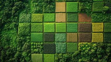 This view highlights various agricultural fields arranged in a grid, demonstrating crop diversity and different land management practices. photo