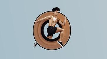 Athletic fit man sprinting and leaping forward with arms tensed, having sport training on soft blue background. Guy having workout, running in mid air. Full length shot with copy space, side view photo