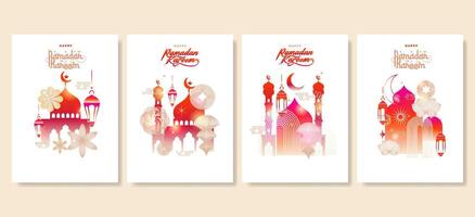 abstract style Ramadan kareem colorful template. Greeting cards backgrounds. Windows and arches with moon mosque dome and lanterns vector