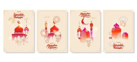 modern abstract style Ramadan kareem colorful template. Greeting cards backgrounds. Windows and arches with moon mosque dome and lanterns vector
