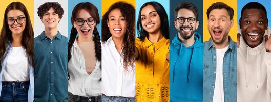 A joyful collage featuring a diverse group of individuals smiling brightly against a colorful background. Each person expresses happiness, showcasing a fun and lively atmosphere. photo