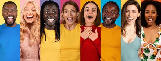 A vibrant collage features a group of cheerful, happy people from different backgrounds, celebrating together. Their expressions radiate joy and positivity against colorful backgrounds. photo