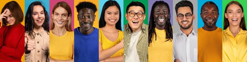 A joyful collection of multiracial individuals expresses fun and positivity against a vibrant backdrop. They share smiles and laughter, showcasing their diverse backgrounds and experiences. photo