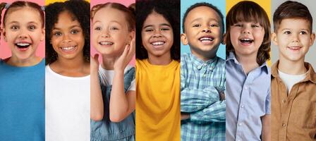 Seven happy children of different backgrounds smile brightly in a vibrant collage. Their expressions radiate joy, representing the beauty of friendship and diversity in a playful setting. photo