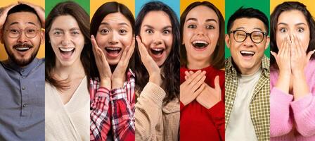 A joyful gathering of diverse, happy individuals showcases their excitement and positivity. With vibrant backgrounds, they celebrate friendship and connection in a lively atmosphere. photo
