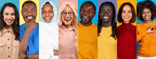 A vibrant collage showcases a diverse group of happy individuals representing various backgrounds. Each person displays joy, capturing a lively lifestyle full of positivity and fun. photo