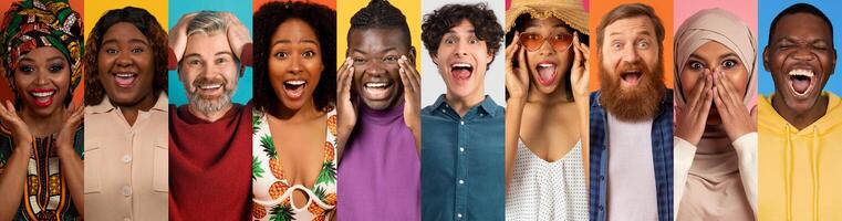A lively collage features cheerful, diverse faces expressing happiness and joy. Individuals of various backgrounds showcase their excitement in a fun, isolated setting against colorful backdrops. photo