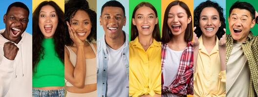 A vibrant collage features a diverse group of happy individuals expressing joy and enthusiasm. Their smiles and cheerful expressions create an uplifting atmosphere of fun and positivity. photo