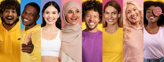 Seven individuals express happiness and positivity, showcasing diversity in a colorful setting. Each person, dressed in bright outfits, shares joy and warmth in their unique style. photo