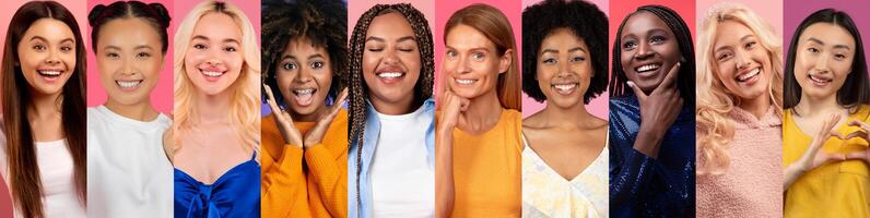 A joyous group of people from various backgrounds showcases their happiness in a colorful collage. Their diverse expressions and styles demonstrate a celebration of life and togetherness. photo