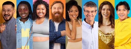A vibrant collage features a happy, cheerful group of people from diverse backgrounds, showcasing their joy and enthusiasm in a variety of poses. Each individual radiates positivity and warmth. photo
