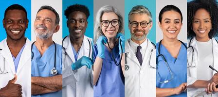 A group of happy, diverse healthcare professionals shows their enthusiasm for their work. Their expressions radiate positivity and dedication to improving lives in a fun and engaging way. photo