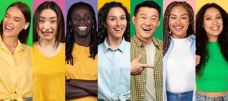 Seven smiling individuals of various backgrounds are enjoying a fun moment together. Their expressions radiate positivity and joy, creating an uplifting atmosphere. photo