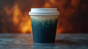 A takeout cup features an appealing gradient that transitions from dark to light colors. The warm backdrop suggests a cozy atmosphere, perfect for enjoying a drink. photo