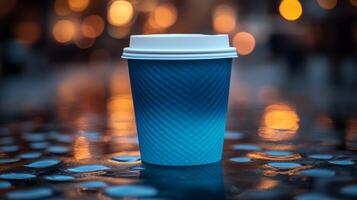 A blue paper cup sits on a glistening surface after rain, with warm city lights twinkling in the background during the early evening hours. photo