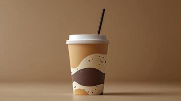 A stylish coffee cup featuring an abstract pattern is placed on a smooth surface. The neutral tones of the background enhance the artistic design, creating a warm atmosphere. photo