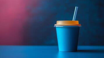 A blue cup with a yellow lid and straw sits on a blue surface, creating a striking visual with a blurred, colorful background suggesting indoor ambiance and refreshments. photo