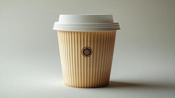 A simple coffee cup sitting on a smooth, light surface showcases its textured exterior and minimalist logo, emphasizing modern design and functionality. photo
