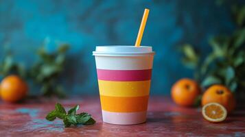 A vibrant cup with horizontal stripes in pink, yellow, and orange stands prominently on a rustic table. Fresh oranges and mint leaves accompany the drink, creating a refreshing atmosphere. photo