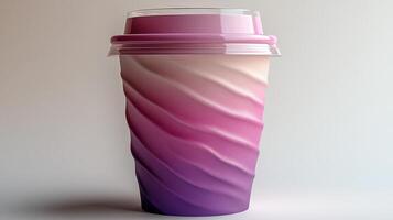 A vibrant paper cup showcases a smooth gradient of pink and purple hues. Its unique swirling design adds a contemporary touch. Ideal for showcasing beverages in a cafe or event. photo