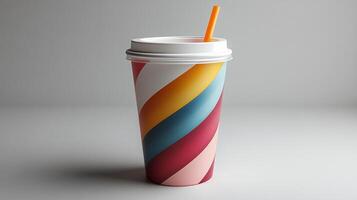 A vibrant cup featuring swirling colors sits upright on a clean surface. It has a thin straw and is illuminated by soft indoor lighting, creating a bright ambiance. photo