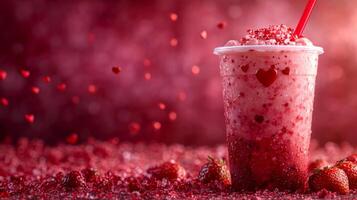 A refreshing drink made with strawberries is showcased in a transparent cup adorned with hearts. The vibrant red backdrop is complemented by scattered strawberry pieces, creating a lively atmosphere. photo