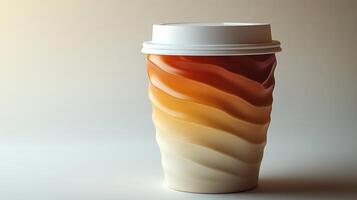 A beautifully designed coffee cup features a gradient swirl of warm colors, symbolizing a cozy atmosphere. The cup holds a fragrant beverage, inviting relaxation and enjoyment. photo
