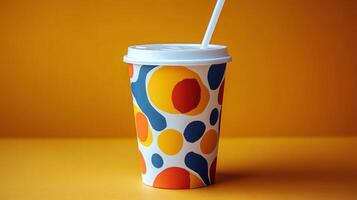 A cup featuring vibrant dots and circles in yellow, orange, and blue sits against a bold orange background. A white straw rises from the top, adding to its cheerful appearance. photo
