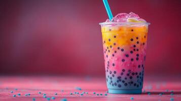 A refreshing tropical drink features vibrant layers of yellow mango, pink fruit, and blue tapioca pearls. The drink is garnished with fruit and served with a straw on a colorful surface. photo