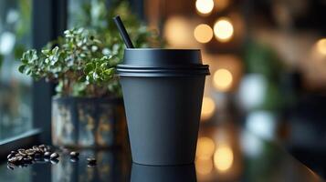A black coffee cup sits on a shiny table near a window, surrounded by soft lighting and green plants. The atmosphere is warm and inviting, perfect for relaxation. photo