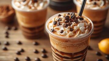 Cups filled with layered iced coffee topped with whipped cream, chocolate syrup, and coffee beans rest on a wooden table surrounded by chocolate chips. photo