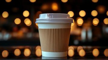 A disposable coffee cup sits on a table, surrounded by soft glowing lights in a bustling cafe. Warm tones create a welcoming atmosphere perfect for evening relaxation. photo