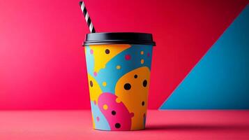 A paper cup featuring a fun and colorful design rests on a bold red and blue surface. A black and white striped straw is inserted, adding to the playful aesthetic. photo
