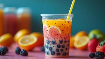 A vibrant cup of fruit drink contains layers of berries and citrus slices, surrounded by fresh fruits in a lively setting perfect for a summer gathering, creating a cheerful atmosphere. photo