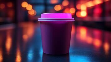 A vibrant coffee cup stands prominently on a table, illuminated by colorful ambient lights in a modern urban environment during the evening, creating a cozy atmosphere. photo