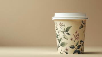 A coffee cup sits on a smooth surface, adorned with a delicate floral pattern against a neutral backdrop, emphasizing a calm and serene atmosphere perfect for enjoying a warm drink. photo