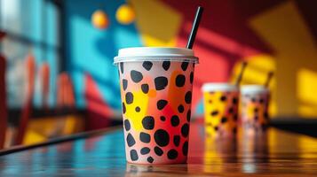 A colorful cup with a unique spotted design is placed on a wooden table. The background features bold patterns and bright colors, creating a lively atmosphere in the cafe. photo