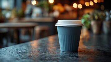 A warm coffee cup is placed on a textured dark table inside a cozy cafe. The soft glow of ambient lighting enhances the inviting atmosphere, perfect for relaxation or conversation. photo
