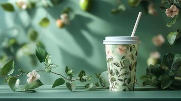 A decorative cup featuring a floral pattern sits elegantly on a green table. Delicate flowers and leaves surround the cup, highlighted by soft sunlight creating a serene atmosphere. photo
