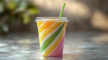 A vibrant, swirled drink in a clear cup sits on a marble table. The colorful beverage features bright orange, yellow, and green stripes, accompanied by a green straw and a soft focus backdrop. photo
