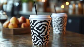 People relax in a quaint cafe, sipping coffee from uniquely designed cups. Fresh apples sit on a wooden table, enhancing the inviting atmosphere during a calm afternoon. photo