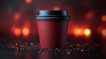 A red coffee cup rests on a dark surface covered with roasted coffee beans. The soft, warm lights in the background create an inviting and cozy ambiance, perfect for coffee lovers. photo