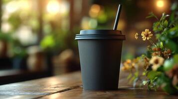 A dark coffee cup with a straw sits on a rustic wooden table beside vibrant greenery and delicate flowers. Warm light enhances the inviting atmosphere in the cafe. photo