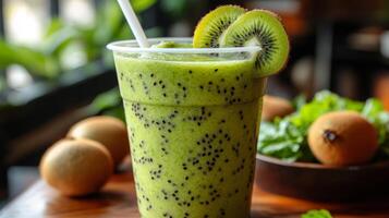 A refreshing green smoothie is served in a clear cup, topped with kiwi slices. The background features fresh leafy greens and cozy indoor plants, creating an inviting atmosphere. photo