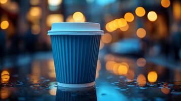 A blue coffee cup sits prominently on a wet street, reflecting golden bokeh lights in the background. The evening ambiance creates a cozy atmosphere. photo