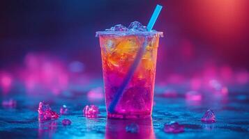 A colorful drink filled with ice sits on a sparkling surface, illuminated by vibrant purple and blue lights at a summer night gathering. The atmosphere is lively and festive. photo