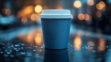 A dark coffee cup sits on a reflective table surface, surrounded by rain droplets, while soft glowing lights in the background provide a warm evening ambiance in an urban setting. photo